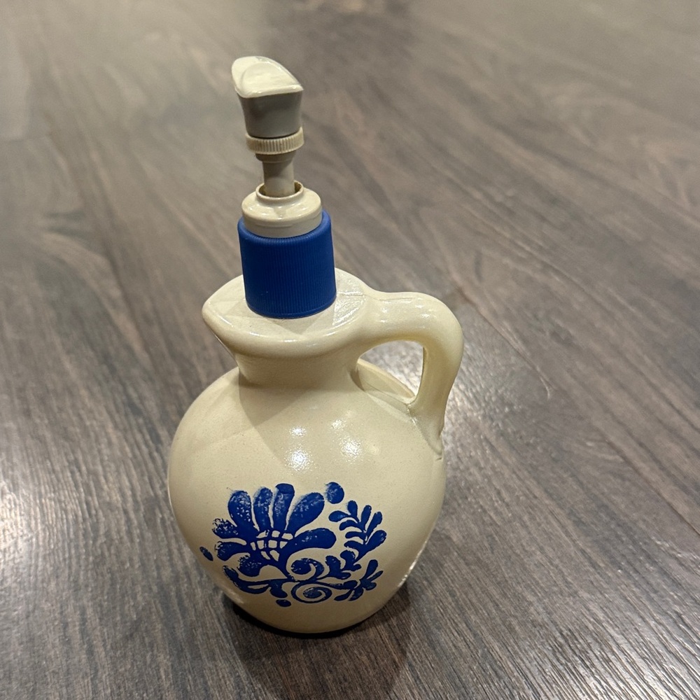 Avon Ceramic Soap Dispenser in Cream with Blue Floral Design